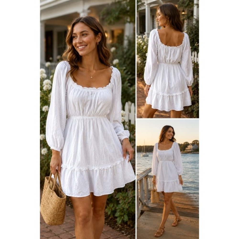 Lulus White Swiss Dot Long Sleeve Mini Dress Square Neck Ruffle Hem Size S